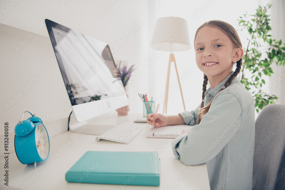 Portrait of little lovely girl study computer screen desktop write notepad wear shirt modern flat indoors Portrait of little lovely girl study computer screen desktop write notepad wear shirt modern flat indoors