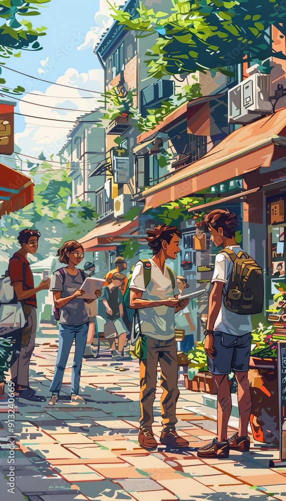 Obraz premium Vibrant street scene with people interacting, cafes, and lush greenery on a sunny day in a charming urban setting.