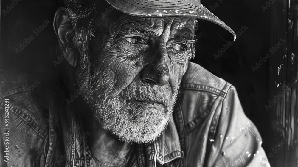 Fototapeta premium Black and white portrait of an elderly man wearing a cap, capturing the wisdom and experience in his thoughtful expression.