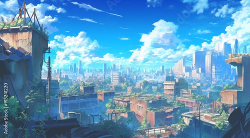 Ruins of the City Under a Blue Sky with White Clouds in Anime Style, Low Angle Shot of Destroyed Buildings in an Apocalyptic World, Desolate Streets with No People or Cars