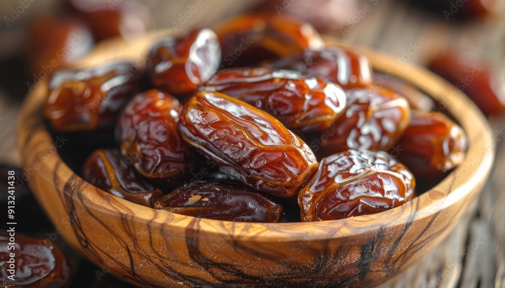 Wooden bowl overflowing with sweet medjool dates on rustic table Wooden bowl overflowing with sweet medjool dates on rustic table