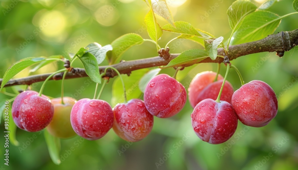 Ripe juicy plums hanging from a tree branch in an orchard on a sunny day Ripe juicy plums hanging from a tree branch in an orchard on a sunny day