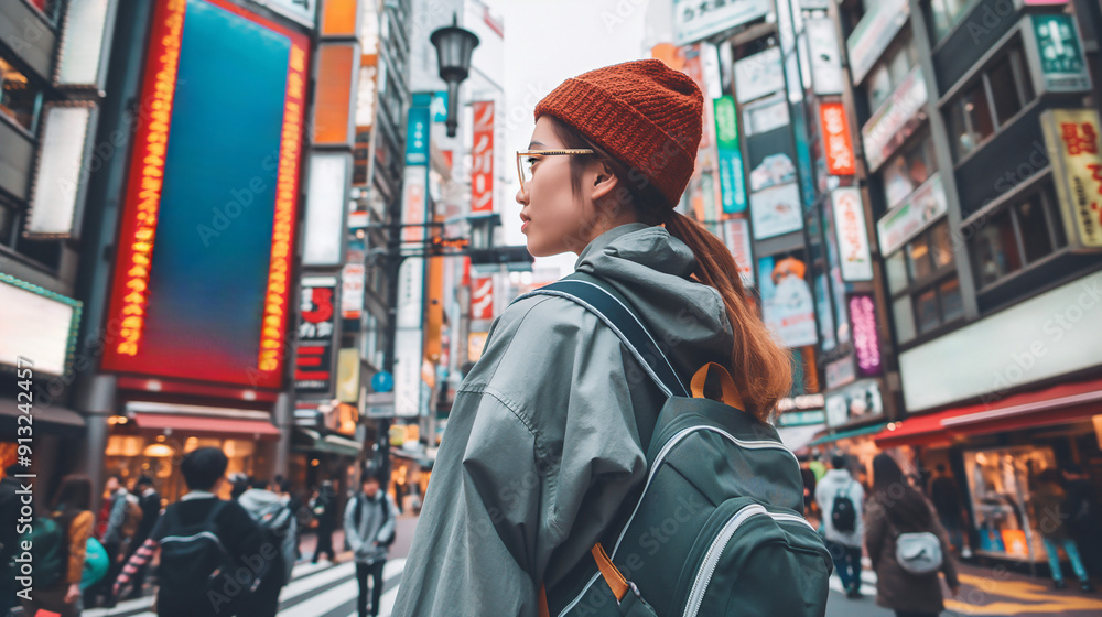 A young person strolls through a busy Tokyo street filled with colorful neon signs during the early evening, surrounded by a crowd of pedestrians A young person strolls through a busy Tokyo street filled with colorful neon signs during the early evening, surrounded by a crowd of pedestrians