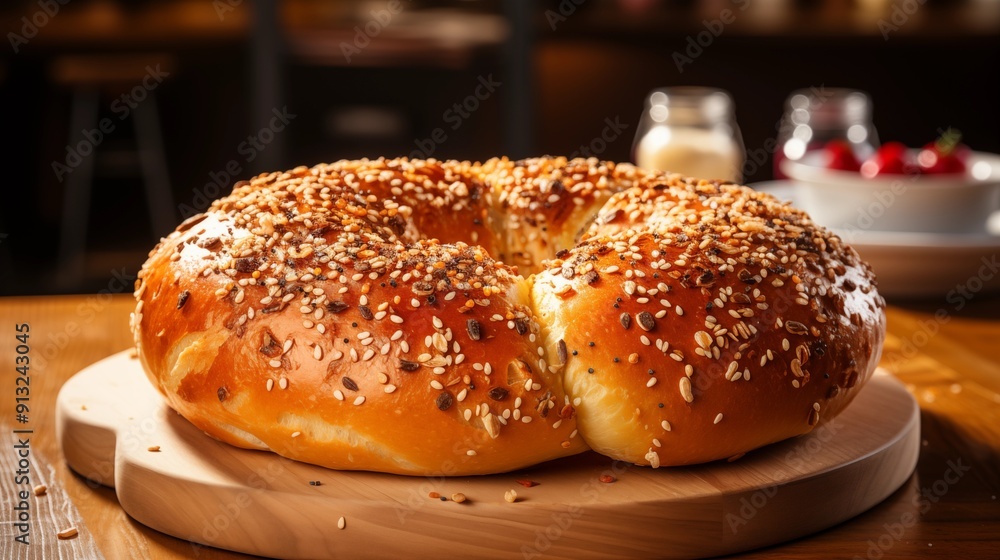 Close view of a bagel, front view from above, studio lighting, isolated white background. Close view of a bagel, front view from above, studio lighting, isolated white background.