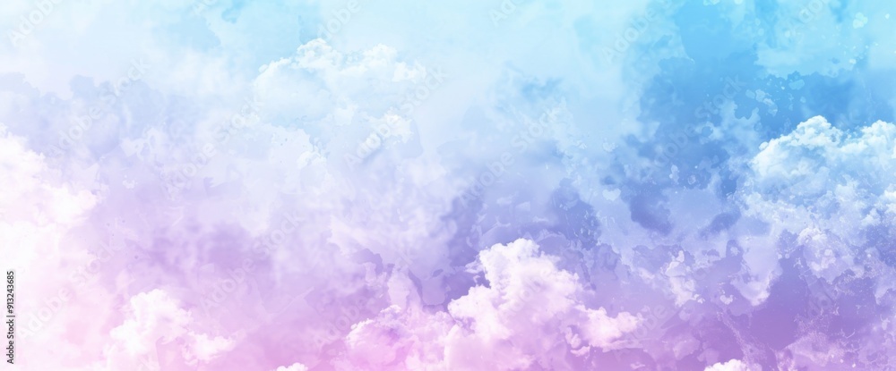 Naklejka premium Vector Watercolor Illustration with Soft Blue and Purple Gradient, White Space Among Clouds, Simple Flat Pastel Design