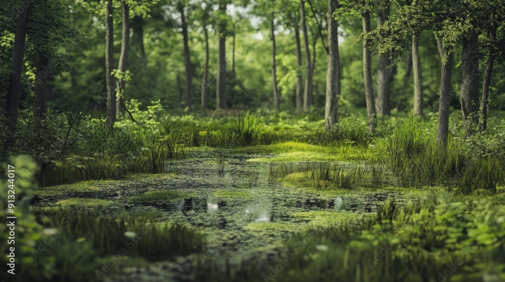 A serene wetland with vibrant greenery and dense trees, reflecting a peaceful atmosphere in the warm afternoon light. A serene wetland with vibrant greenery and dense trees, reflecting a peaceful atmosphere in the warm afternoon light.