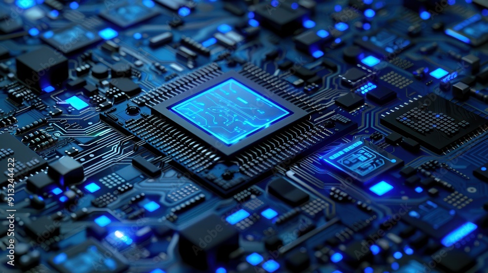 Detailed close-up of a modern microchip on a circuit board with blue lighting, illustrating advanced technology.