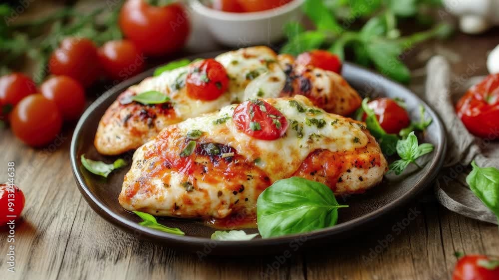Zooming in on a Plate of Delicious Chicken Margherita on a Wooden Table Zooming in on a Plate of Delicious Chicken Margherita on a Wooden Table