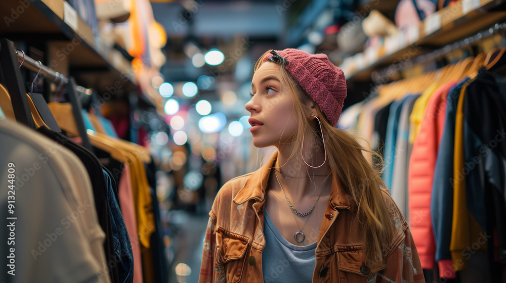 Obraz premium Young woman shopping in a clothing store, a young woman with long blonde hair wearing a striped beanie and glasses, standing in a clothing store aisle surrounded by various garments on racks