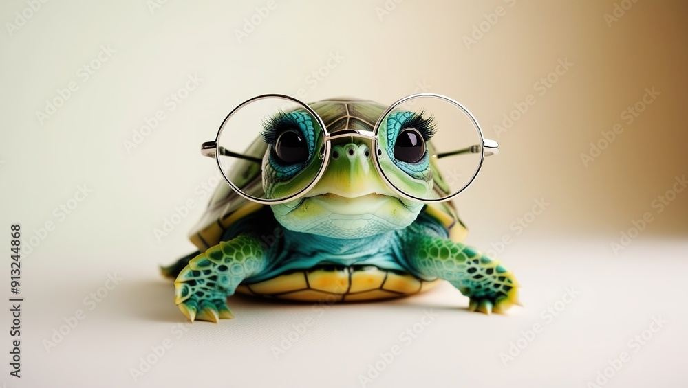 A turtle wearing glasses is sitting on a white surface A turtle wearing glasses is sitting on a white surface