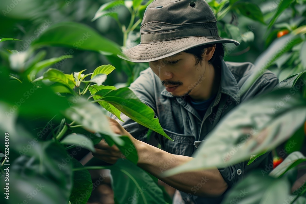 Young Man Carefully Tending to Green Pepper Plants in a Lush Garden Young Man Carefully Tending to Green Pepper Plants in a Lush Garden