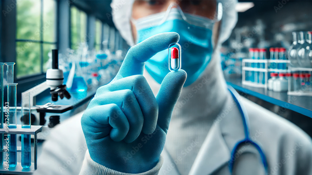 Scientist examining a red and white pill in laboratory Scientist examining a red and white pill in laboratory
