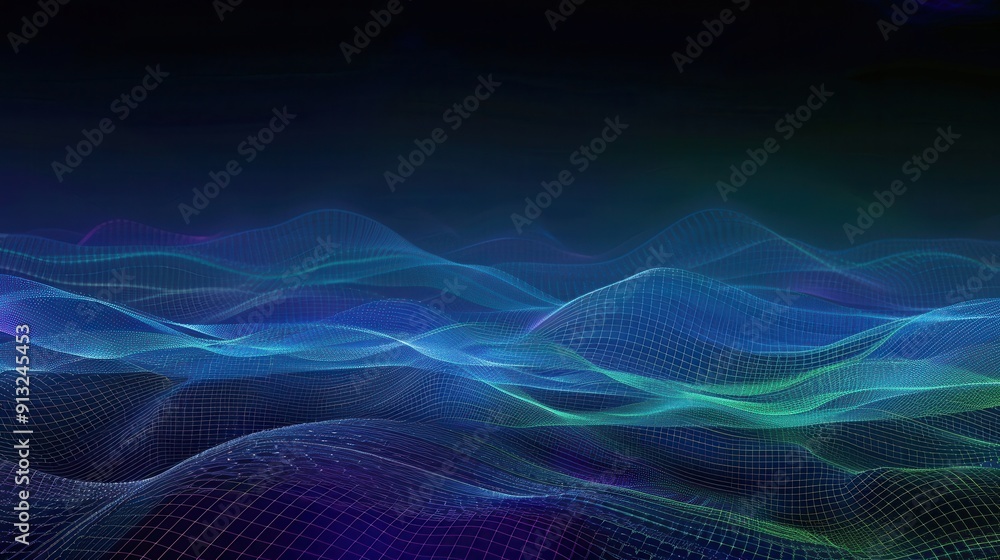 Abstract digital waves in shades of blue and green create a stunning visual effect on a dark background. Abstract digital waves in shades of blue and green create a stunning visual effect on a dark background.