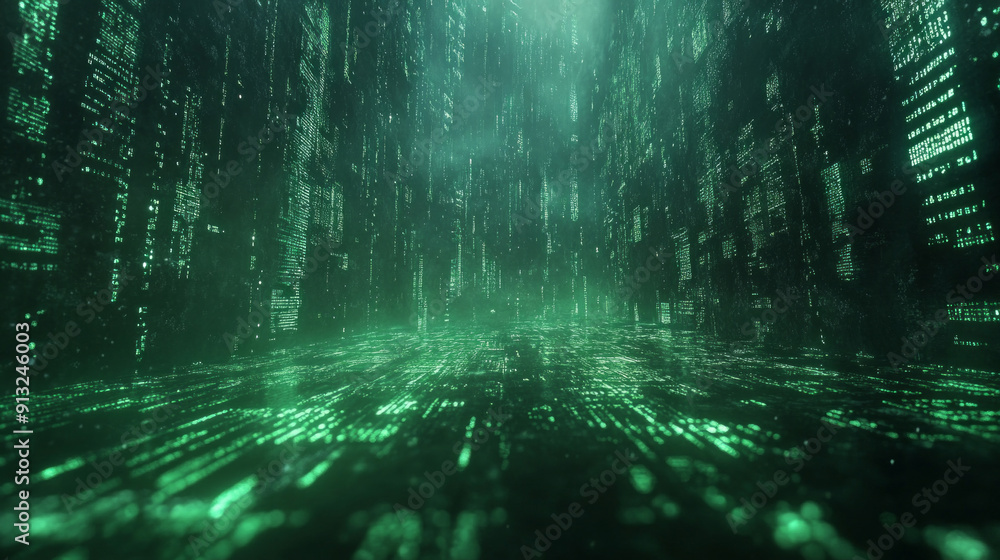 Fototapeta premium Green matrix backgroundDigital background with falling green matrix code on dark background with light effects, data security, cyber security or virtual reality.