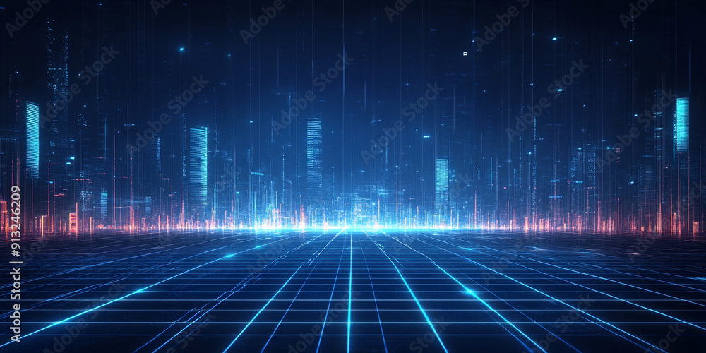 Digital technology background with blue glowing grid lines and light effects on a dark backdrop, representing the concept of digital transformation in business or data science
