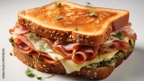 Close view of a ham and cheese sandwich, front view from above, studio lighting, isolated white background. photo