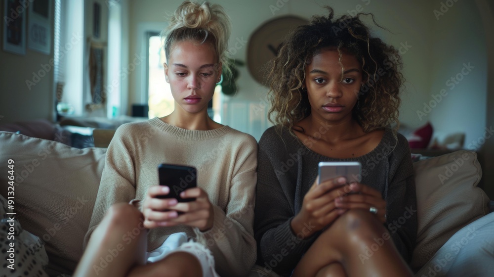 Two young women, one with straight blonde hair in beige sweater, one with curly black hair in dark sweater, sit together on couch, absorbed in their smartphones, reflecting modern social disconnect. Two young women, one with straight blonde hair in beige sweater, one with curly black hair in dark sweater, sit together on couch, absorbed in their smartphones, reflecting modern social disconnect.