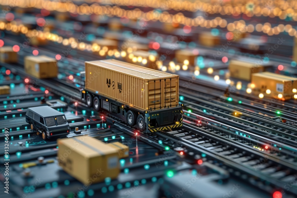 Nighttime Model Train Yard With Cargo Truck and Freight Nighttime Model Train Yard With Cargo Truck and Freight