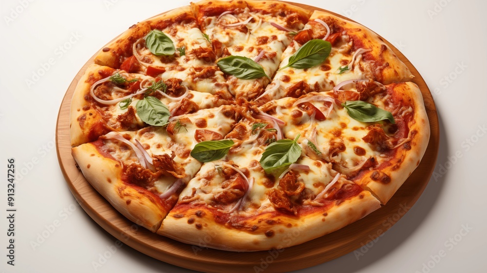 Close view of a pizza, front view from above, studio lighting, isolated white background. Close view of a pizza, front view from above, studio lighting, isolated white background.
