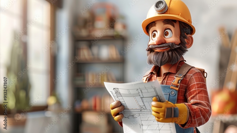 Detailed 3D clipart of a construction worker with a blueprint, shown in a dynamic and bright environment with a white background, exuding confidence and dedication Detailed 3D clipart of a construction worker with a blueprint, shown in a dynamic and bright environment with a white background, exuding confidence and dedication