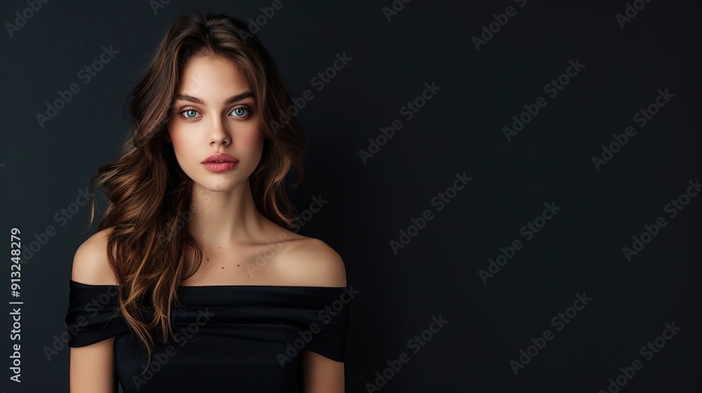 Elegant Evening Glamour - Stylish Woman in Luxurious Gown on Seamless Dark Background Elegant Evening Glamour - Stylish Woman in Luxurious Gown on Seamless Dark Background
