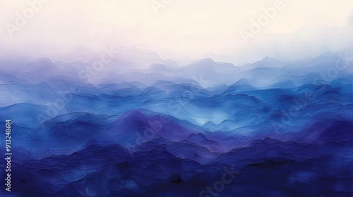 Abstract painting of blue and purple mountains with a white background.