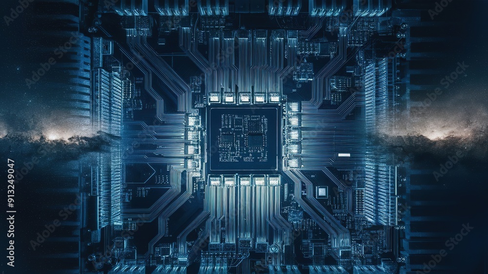 Fototapeta premium A computer chip is shown in a blue and white color scheme