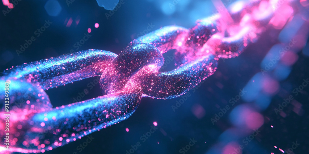 A digital chain with pink and blue glowing particles, symbolizing the strength of blockchain technology A digital chain with pink and blue glowing particles, symbolizing the strength of blockchain technology