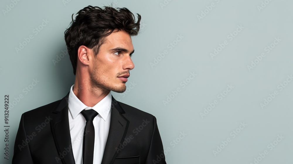 Modern Elegance: Stylish Male Model in Formal Attire on Grey Background, Emphasizing High Fashion Trends Modern Elegance: Stylish Male Model in Formal Attire on Grey Background, Emphasizing High Fashion Trends