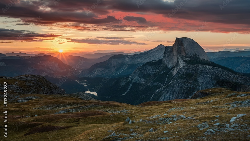 Obraz premium A mountain range with a sun setting in the background
