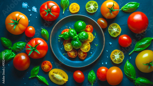 tomatoes of various colors on a blue plate and table