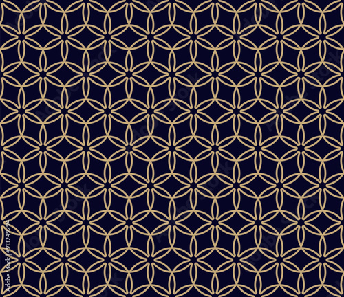 Abstract golden geometric seamless pattern in Islamic style. Vector ornamental linear texture, floral lattice, mesh. Traditional oriental background. Luxury gold and black ornament, repeating design