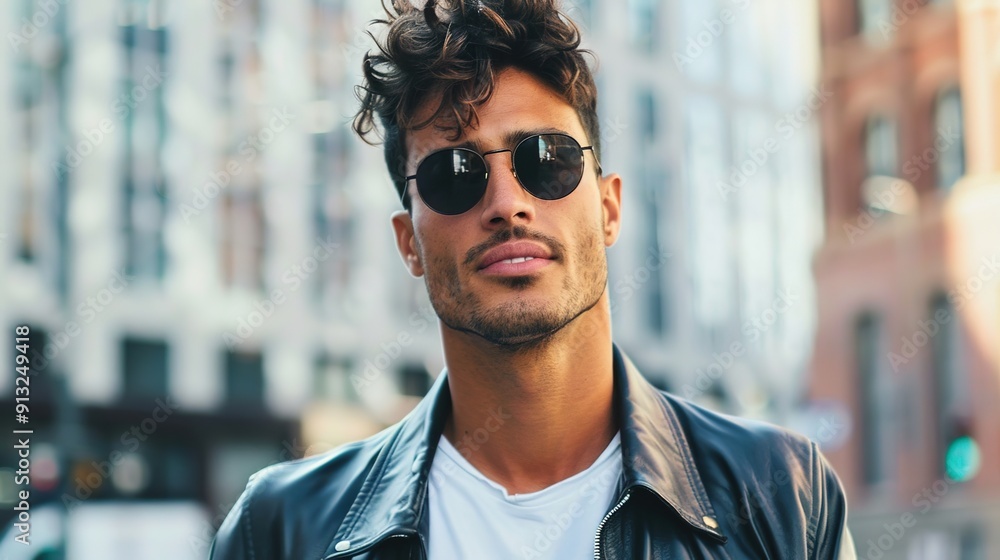 Stylish Urban Man in Leather Jacket against Cityscape Background, Exuding Edgy Fashion and Attitude Stylish Urban Man in Leather Jacket against Cityscape Background, Exuding Edgy Fashion and Attitude