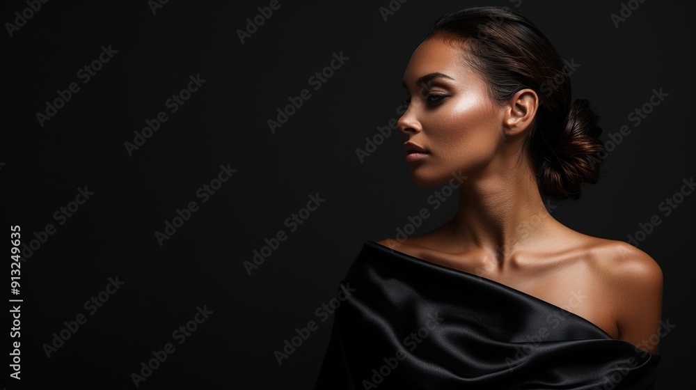 Fototapeta premium Elegant Woman in Silk Dress Exuding Luxury against Plain Black Background