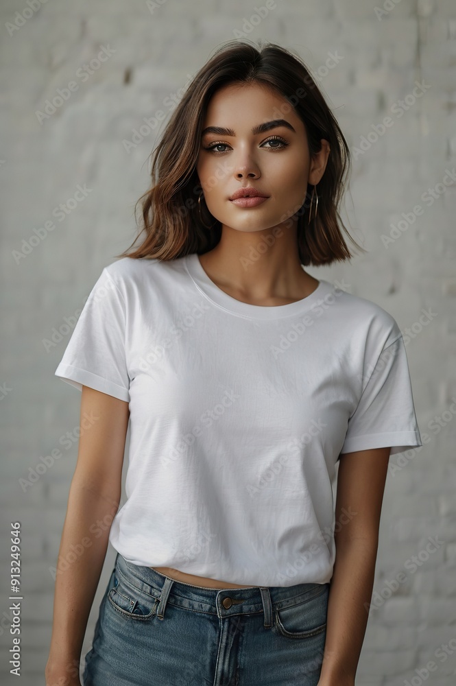 A woman is wearing a white shirt and blue jeans A woman is wearing a white shirt and blue jeans