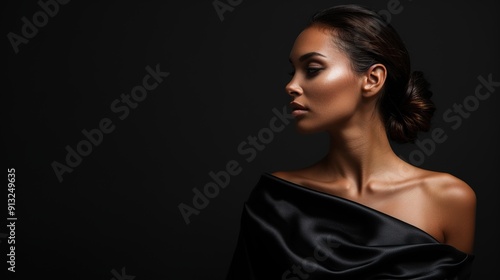 Elegant Woman in Silk Dress Exuding Luxury against Plain Black Background