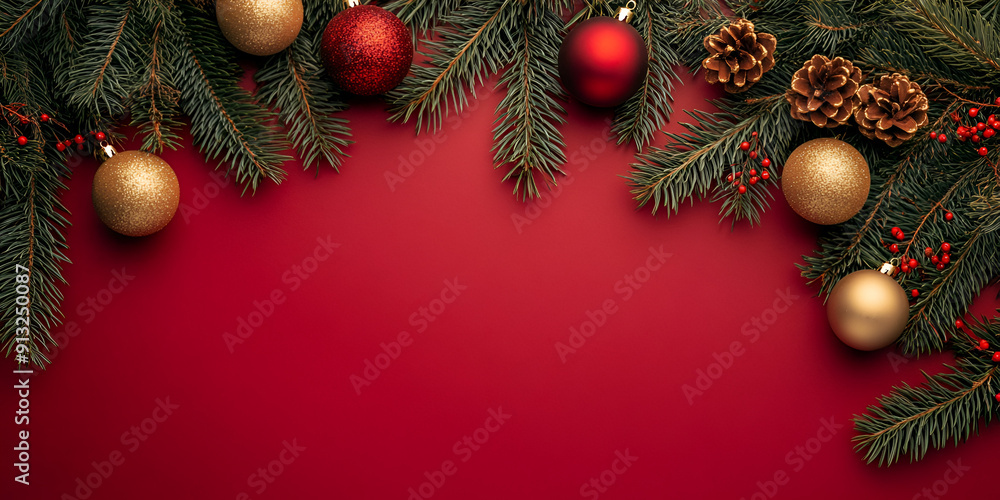 Festive Fir Branches and Baubles on Red Holiday Backdrop
Festive Fir Branches and Baubles on Red Holiday Backdrop