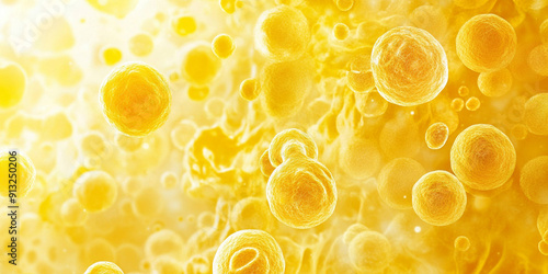 A close-up view of spherical yellow microorganisms or cells floating in a neutral background, illuminated by soft light