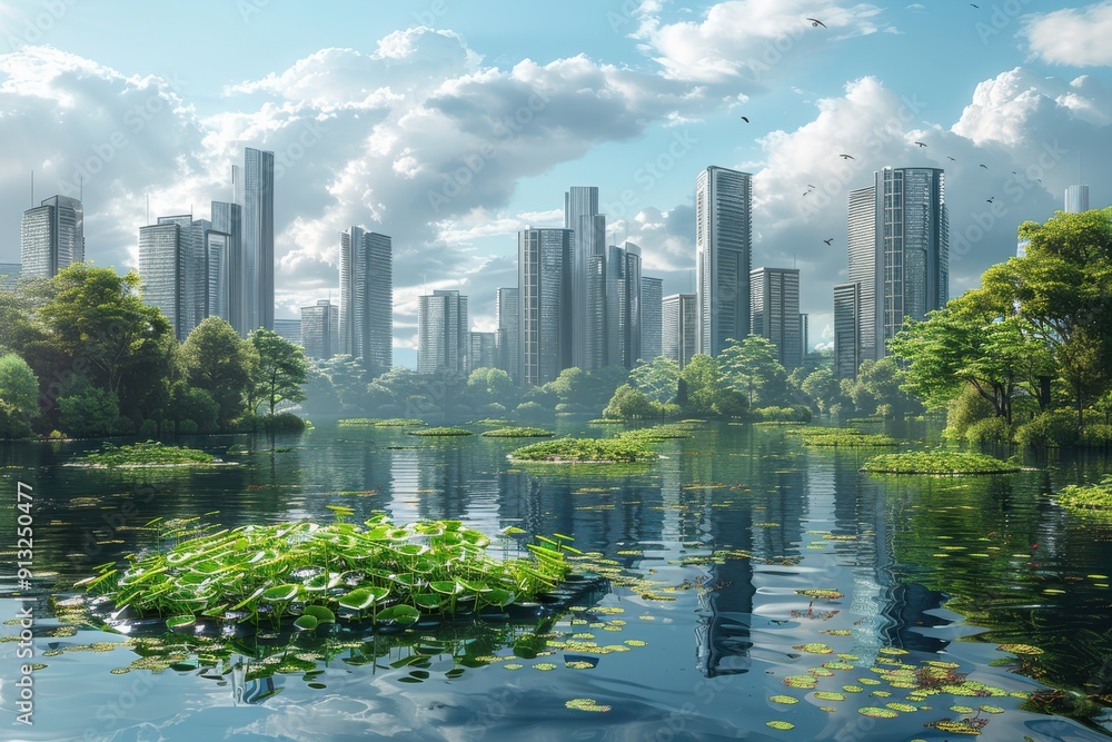 Modern City Skyline Reflected in Tranquil Lake Modern City Skyline Reflected in Tranquil Lake