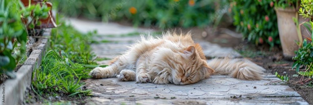 Fluffy cat grooming itself on a garden path Fluffy cat grooming itself on a garden path