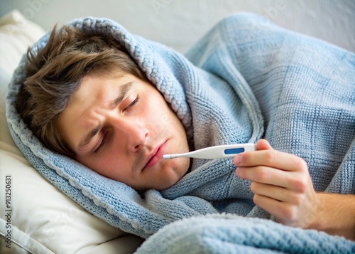 A person with a fever lying under a blanket with a thermometer by their side.