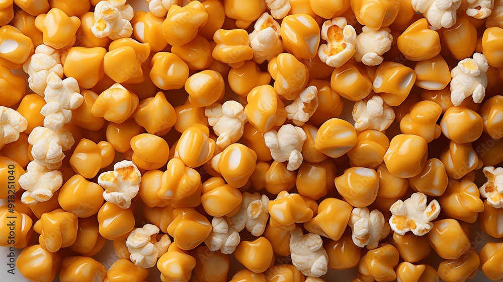Close view of caramel corn, front view from above, studio lighting, isolated white background. Close view of caramel corn, front view from above, studio lighting, isolated white background.