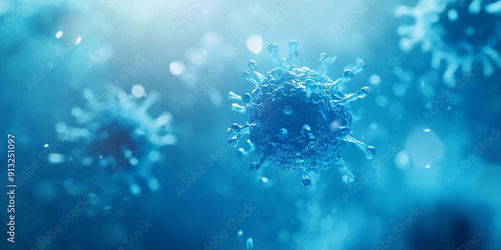 © GaMe - Blue background with a blurred microscopic perspective of a blue virus © GaMe - Blue background with a blurred microscopic perspective of a blue virus