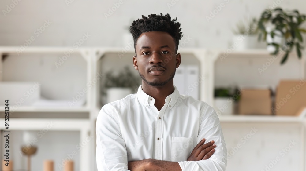 Confident Young Entrepreneur in Casual Wear Poses in Open-Plan Office Confident Young Entrepreneur in Casual Wear Poses in Open-Plan Office