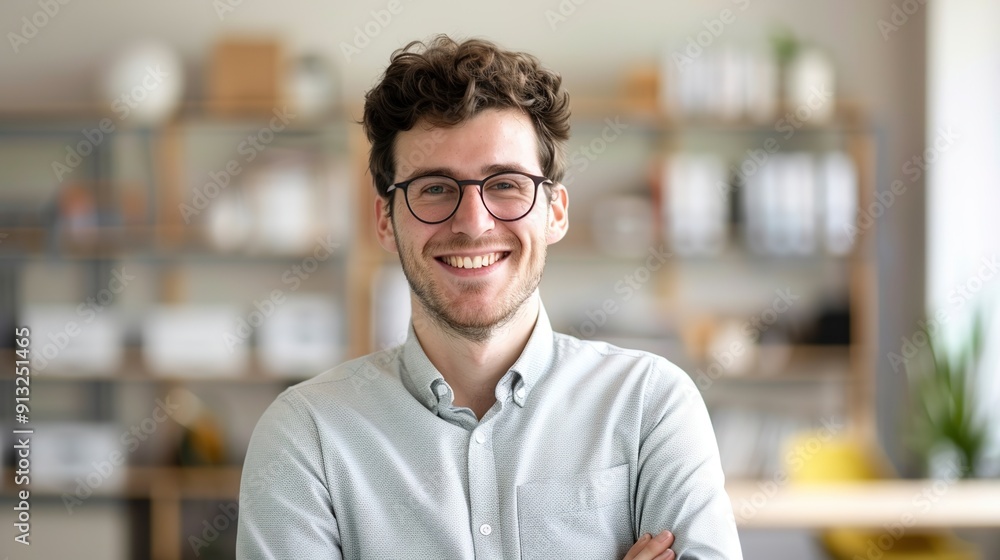Fototapeta premium Confident Young Businessman Smiling in Modern Office with Copy Space