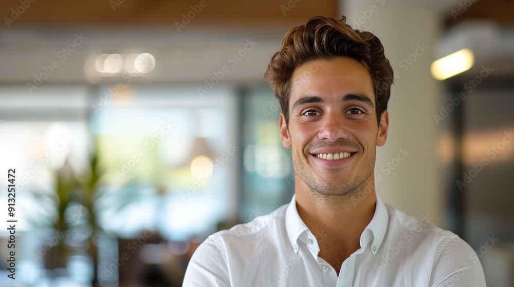 Fototapeta premium Confident Young Businessman Smiling in Modern Office with Copy Space