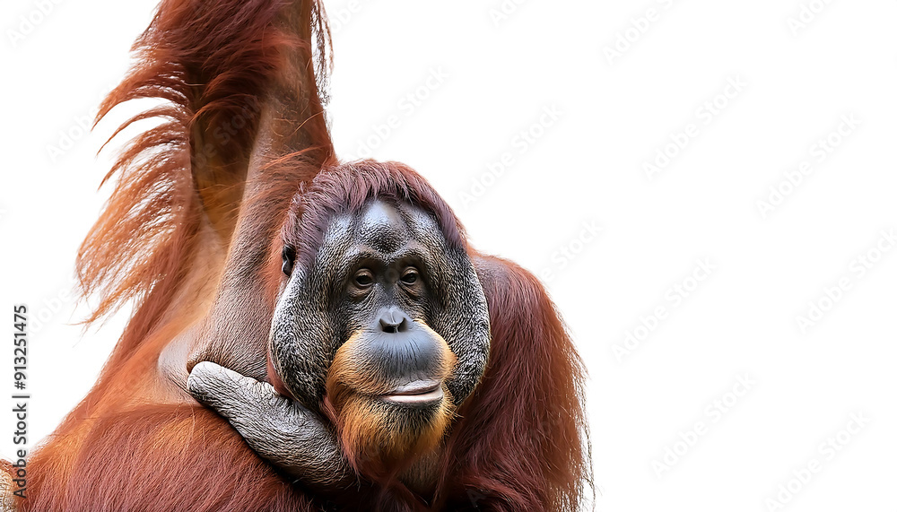 Obraz premium Orangutan Ape Hanging on a Vine in the Trees – An orangutan ape hanging from a vine in the _1(234)