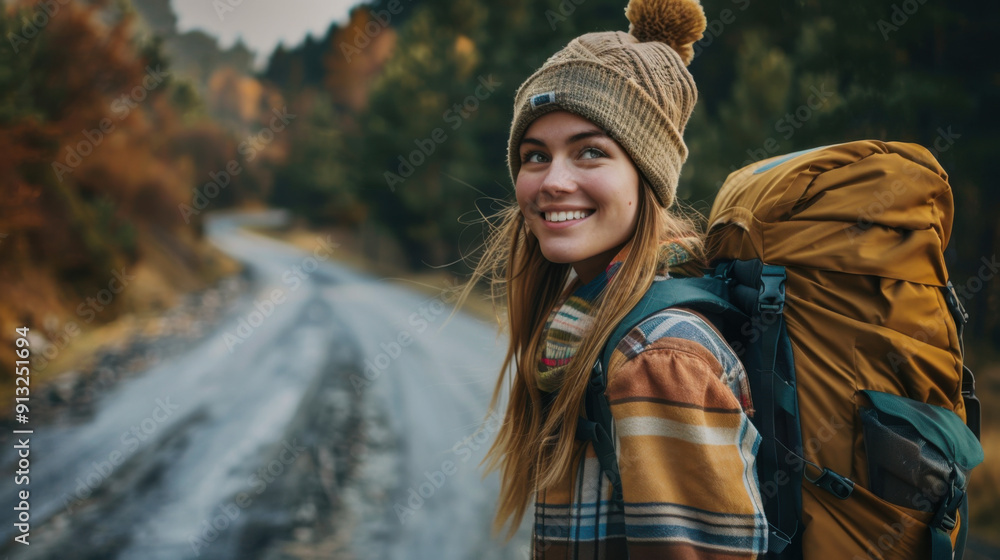 Smiling female backpacker in a beanie and plaid shirt, hiking on a scenic mountain road with a large backpack. Smiling female backpacker in a beanie and plaid shirt, hiking on a scenic mountain road with a large backpack.