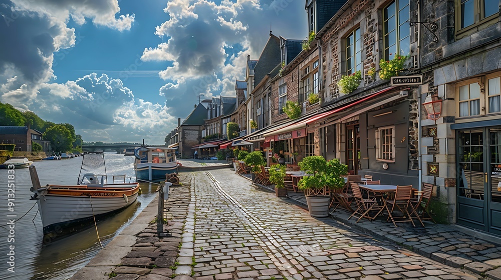 Naklejka premium A quaint riverside towards houses 