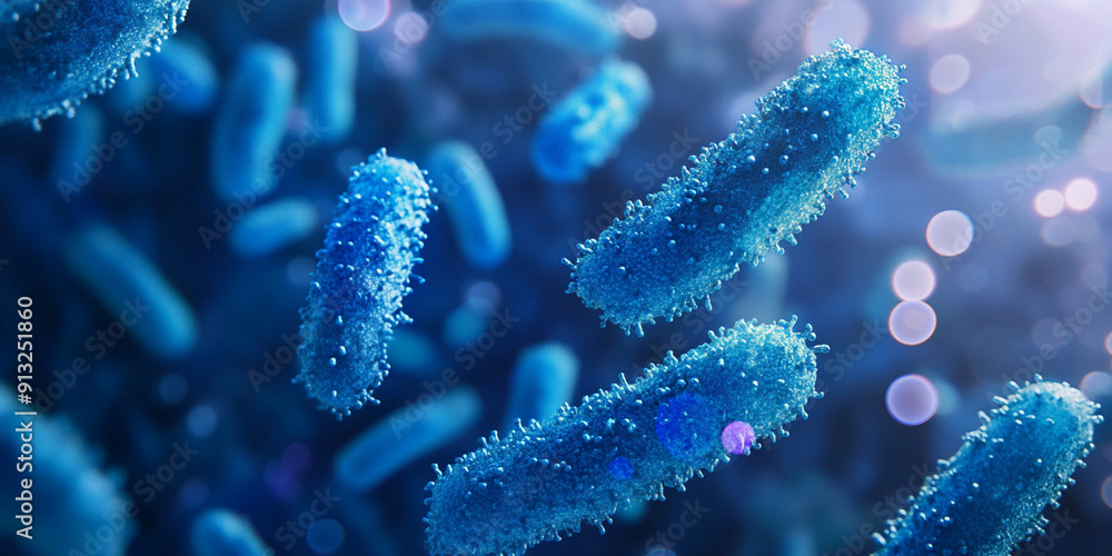Fototapeta premium Blue bacterial microorganisms with a blurred background